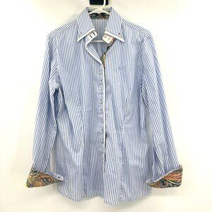 Fior Da Liso Carina II Blue White Striped Equestrian Button Down Shirt Womens 14